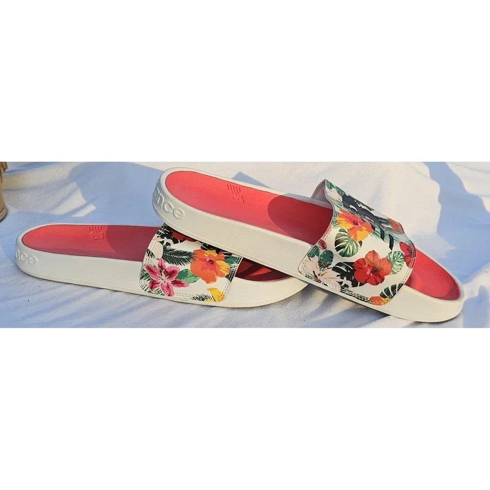 New Balance 200 V1 Women's Size 12 Slide Sandal Floral Logo Print White Slip On - Picture 4 of 11